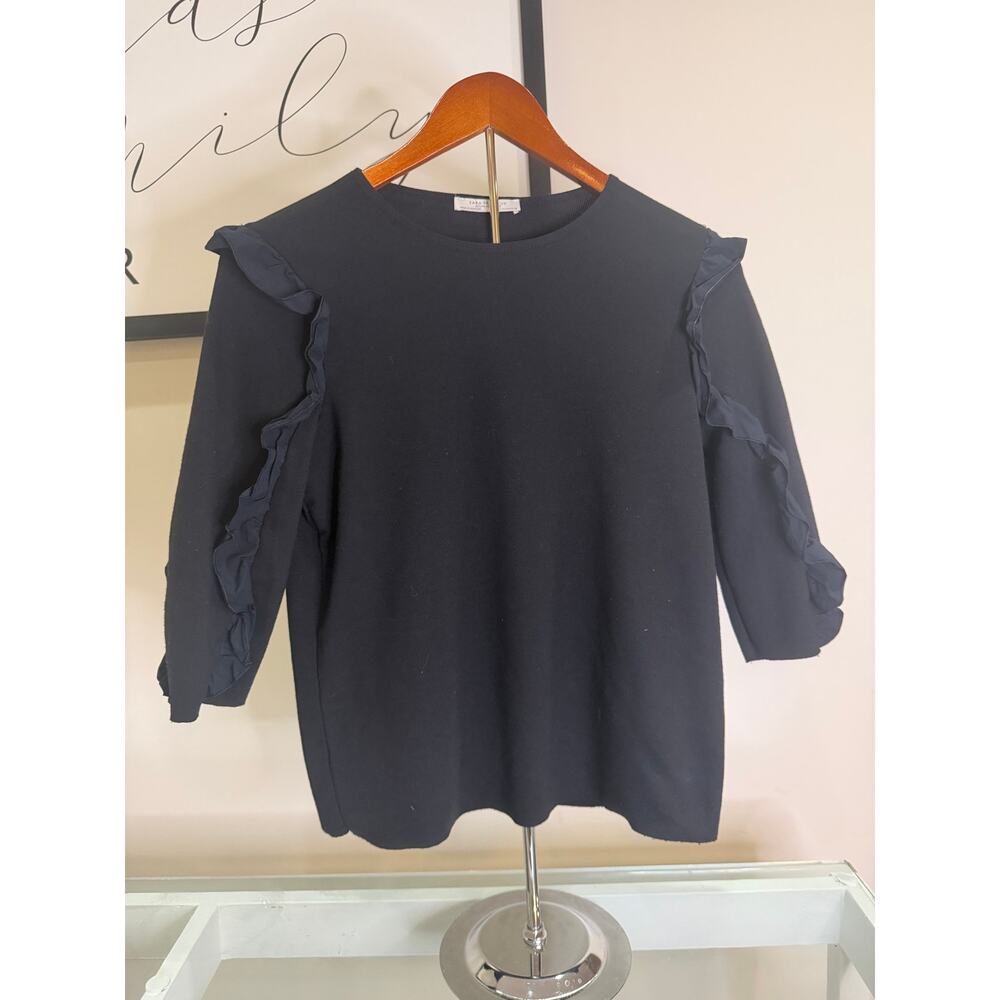 Zara Trafaluc Black Ruffle Accent 3/4 Sleeve Top-Size M